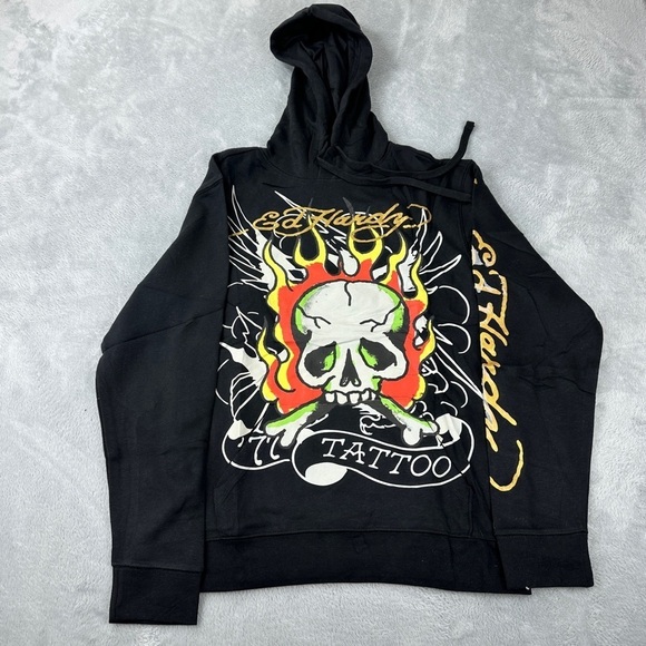 Ed Hardy Men's Small Flaming Skull Fleece Pullover Hoodie